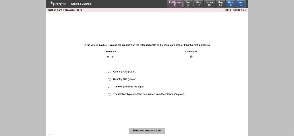 GREKMF exam question interface — Quantitative Comparison question